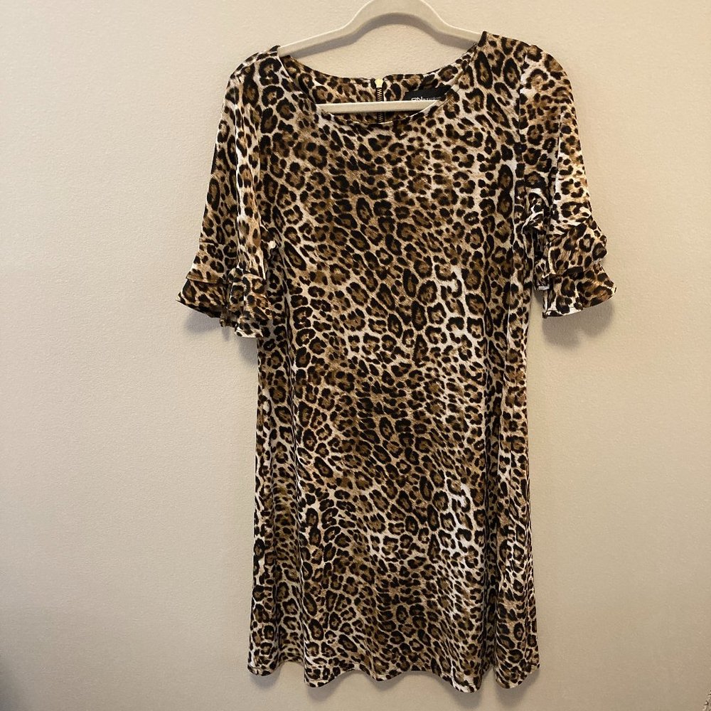 Party Dress Ronni Nicole Womens 3/4 Sleeve Leopard Print Size 10 Midi Career